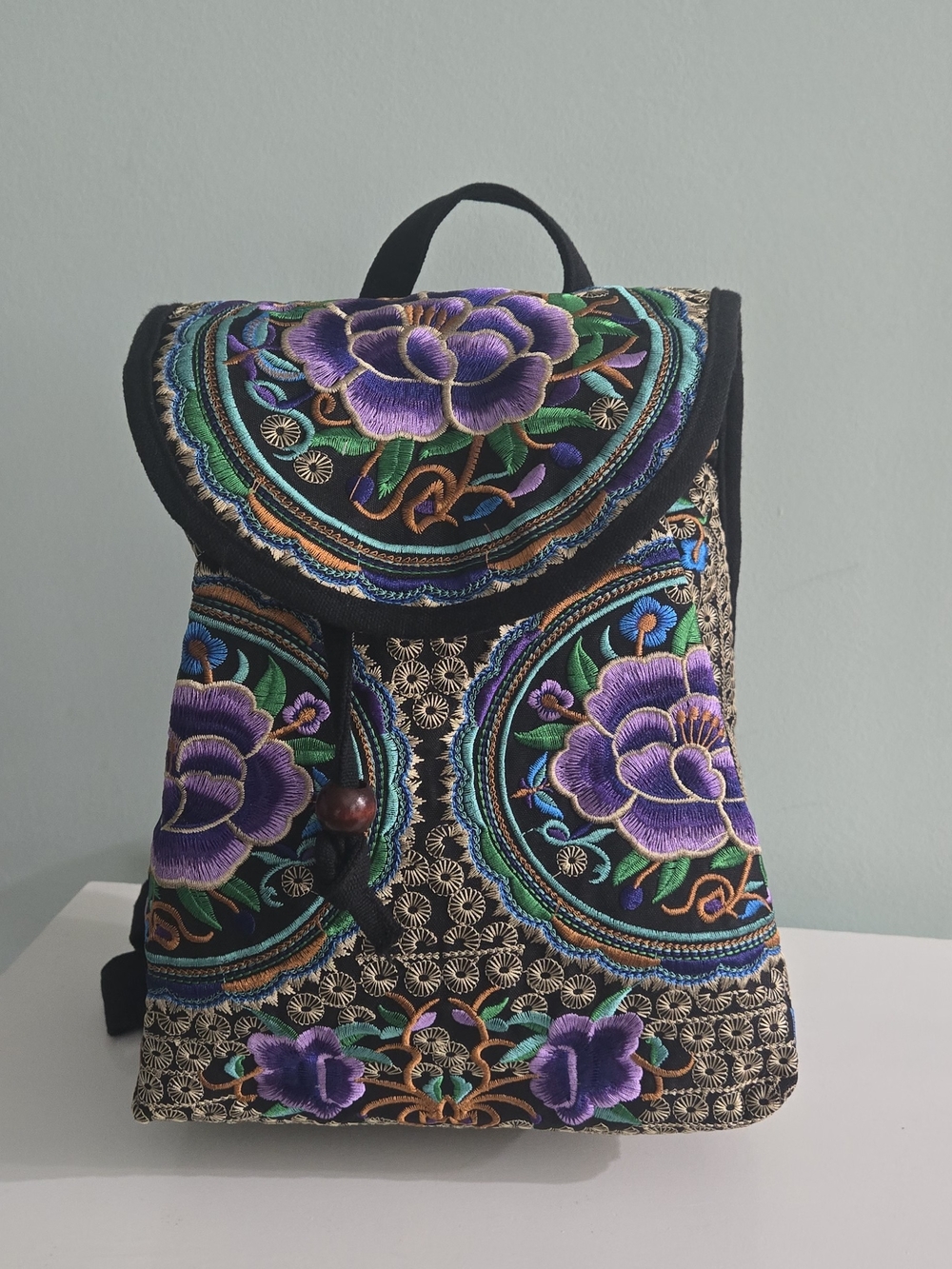 Embroidered Back Pack Hand Made Floral Purple Canvas Backpack